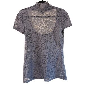 Express Women Grey Floral Lace Mock Neck Open Back Short Sleeve Top Large